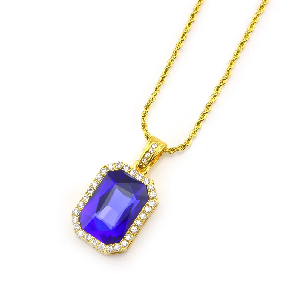 Iced out mini quadrado cristal bling strass declaração pingente colar 24 polegada corrente vermelho azul gem gota jóias307j