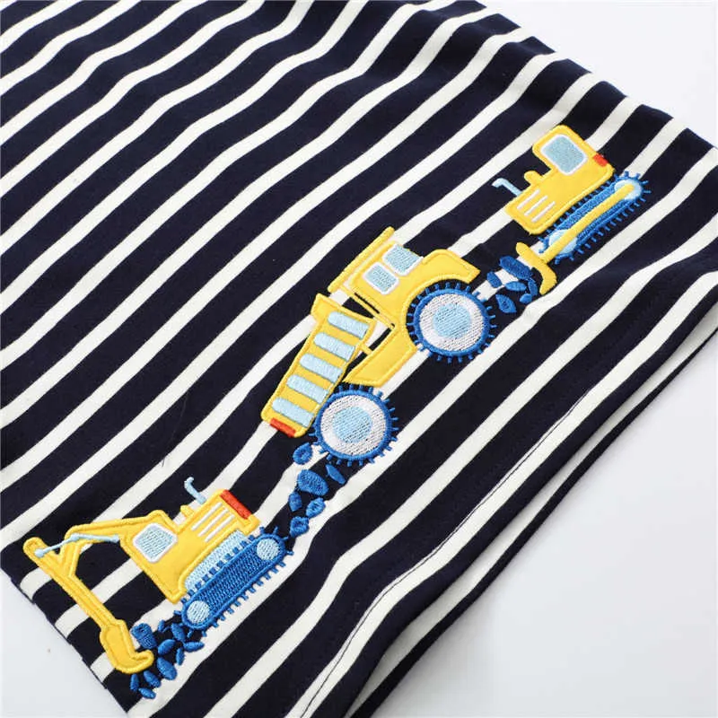 Saltando Metros de Algodão de Verão Meninos Tees Tops Com Carros Applique Baby Stripe Camisetas Bordado Crianças Roupas 210529