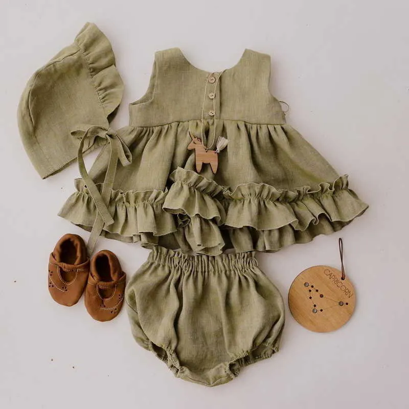 Groothandel Zomer Baby Meisjes 2-PCs Sets Mouwloze Vest Rufflrs Jurk + Shorts Outfits Kinderkleding E0717 210610