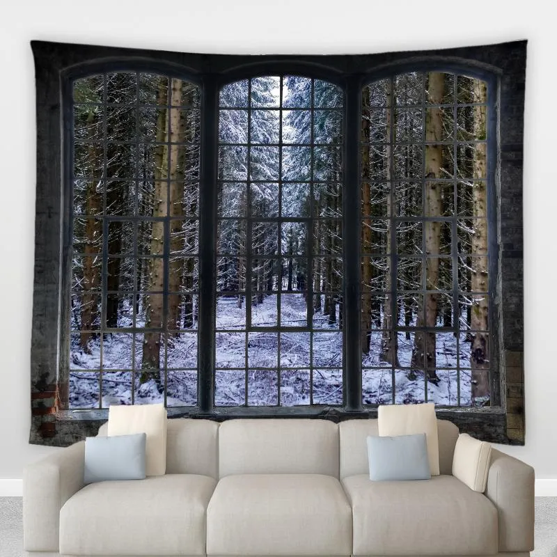 Arazzi Retro Vintage Arazzo finestre Bianco Snowland Foresta Albero Scenario invernale Soggiorno Camera da letto Murale Coperte da comodino Muro Hang250O