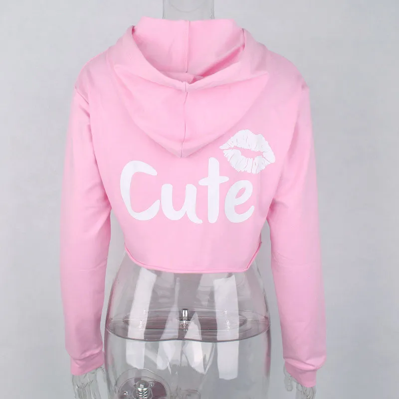 Femmes Hoodies Automne À Manches Longues Crop Tops Casual À Capuche MIGNON Lip Imprimé Sweats Rose Moletom Feminino 210522