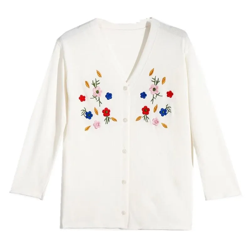 フランスの長袖の袖ホワイトエミールカーディガン花刺繍女性のセーターヴィンテージシングルブレストボタンニット210429
