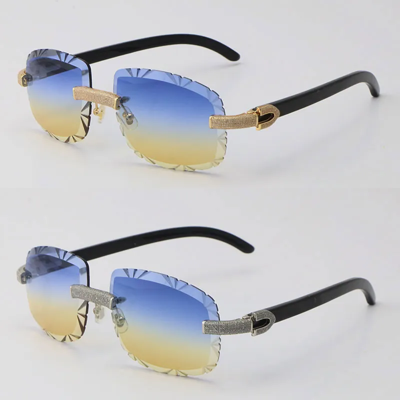 2022 Neue randlose Sonnenbrille aus Metall mit Mikropavé und Diamanten, Original-Sonnenbrille aus schwarzem Büffelhorn, männlicher und weiblicher Rahmen, 18 Karat Gold U262U