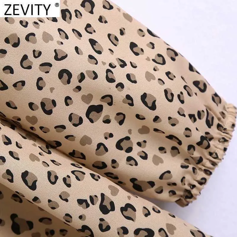 Zevity Women Vintage V Neck Leopard Print Hem Ruffles Mini Dress femme Puff Sleeve Pleat Ruffles Vestido Chic Dresses DS5073 210603