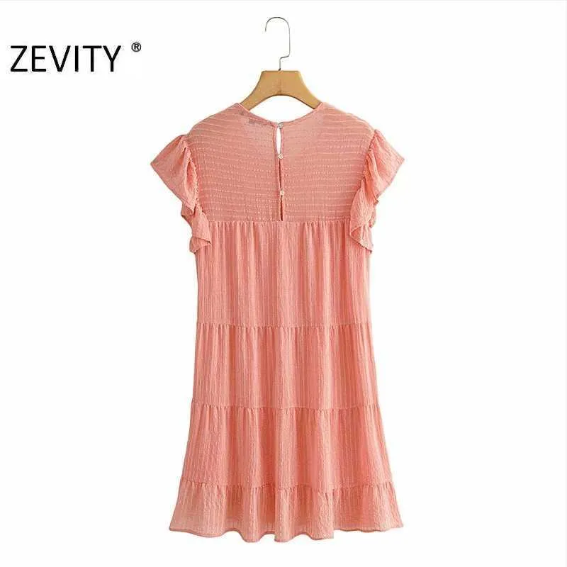 ZEVITY Women sweet butterfly sleeve solid color pleat mini Dress female patchwork casual ruffles Vestido Chic Dresses DS4366 210603