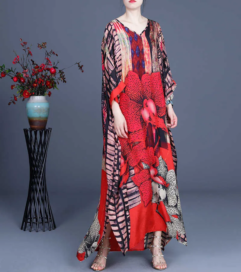 VANOVICH Chinese Style Long Dress Women Summer V-neck Ladies Printing Pluz Size Temperament Clothing 210615