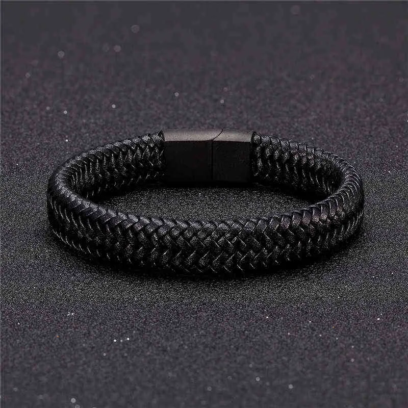 Mkendn Punk Bracciale in pelle da uomo in acciaio inossidabile nero Chiusura magnetica Bracciale intrecciato intrecciato Regalo gli amanti di Pulseras