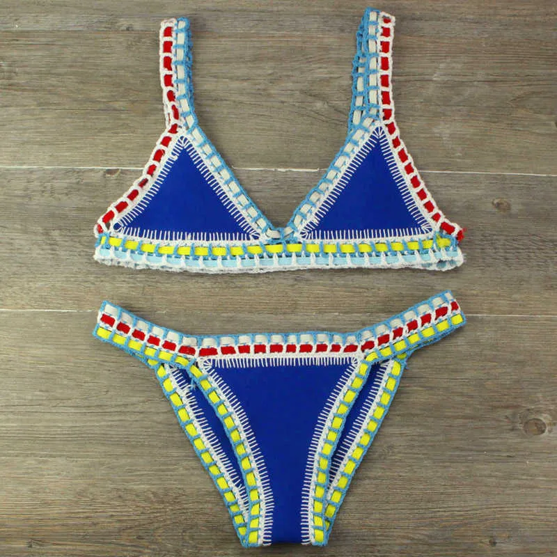 2021 Seksi Bikini Mayo Kadınlar Mayo El Tığ Bikini Set Mayo Kadın Halter Biquini Monokini Plaj Kıyafeti Y0820