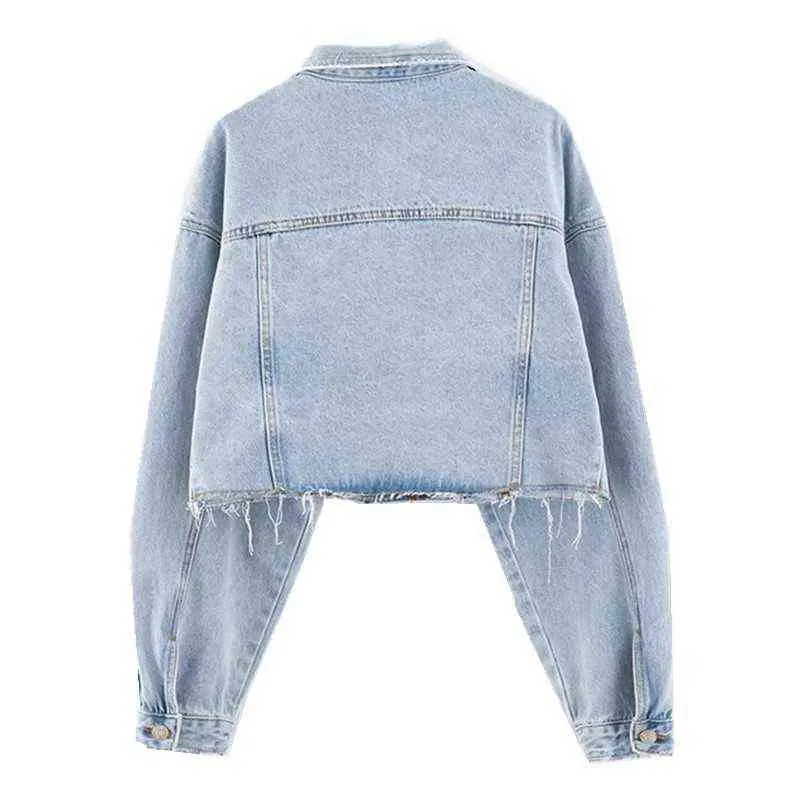 Autumn Drop Shoulder Loose Short Denim Jacket Vintage Women Lapel Pockets Single Breasted Draped Jean Coat Cool Outerwear 211029