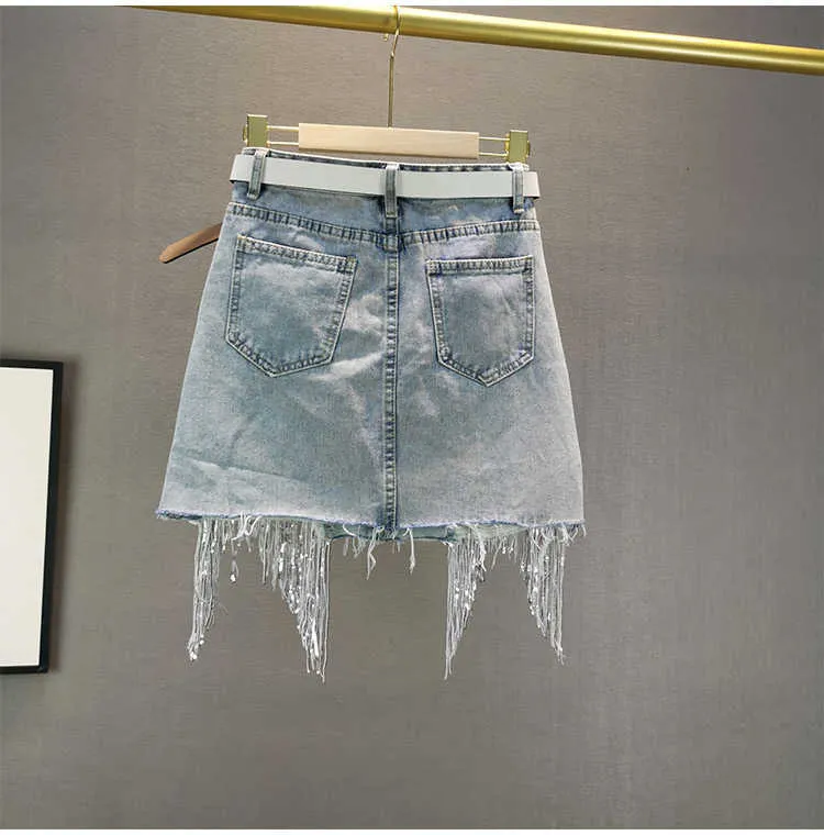 Female Denim Shorts Summer High Waist Slimming Heavy Beaded Sequin Fringed Ripped Wide Leg Pants Jeans Shorts 210616