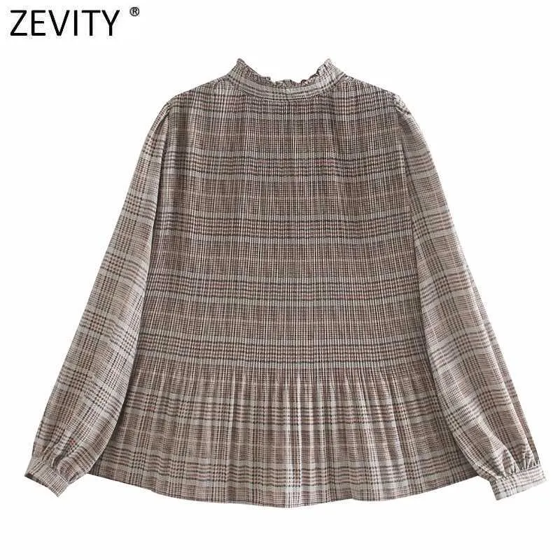 Zevity Donna Vintage Cravatta con fiocco Colletto alla coreana Stampa scozzese Kimono a pieghe Camicie Camicetta retrò da donna Roupas Chic Femininas Top LS7395 210603