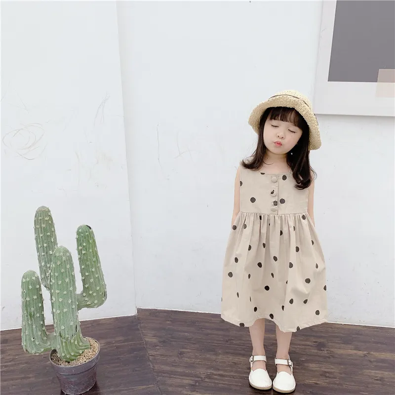 Flickor Ärmlös Klänningar Barn Baby Polka Dot Princess Dress Barn Koreansk stil Kläder Casual Sommar Vestidos 210429