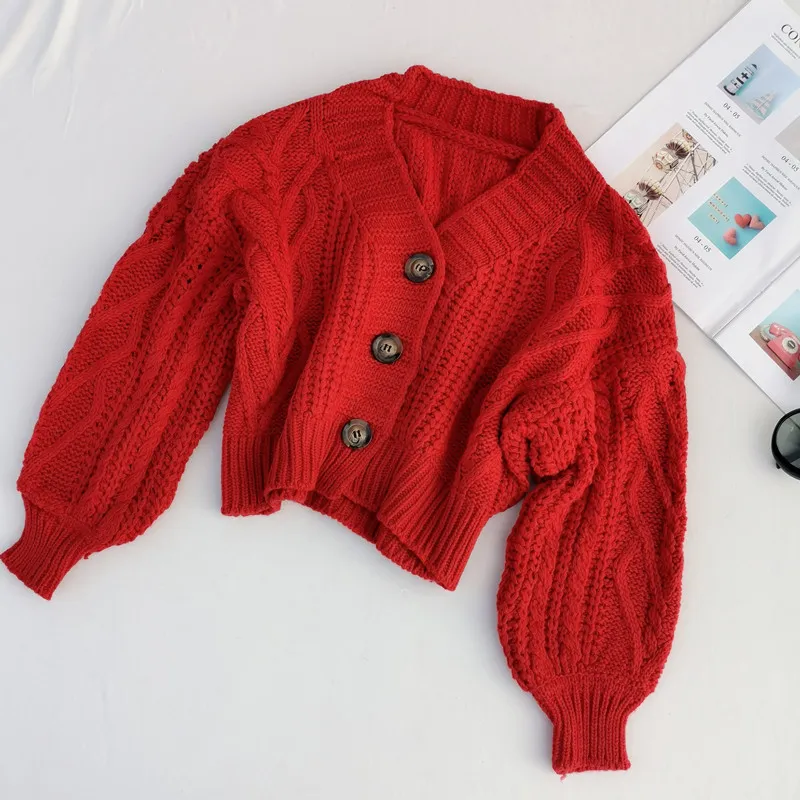 Jesień Zima Krótka Gruba Igła Pościel Twist Cardigans Kobiety Luźny Latarnia Rękaw Oversize Sweter Lazy Dzianiny Cardigan Płaszcz 210420