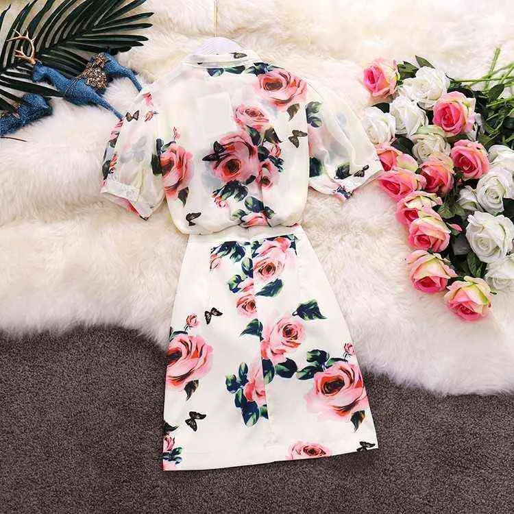 女性夏ピンクローズプリント2ピースセット甘い弓襟長袖シフォンシャツトップ+カラフルなボタンスカート211106
