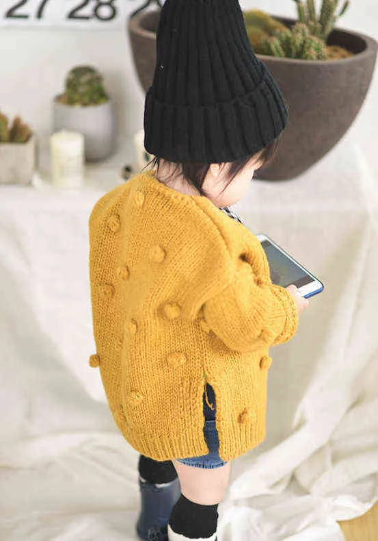 Pudcoco US Stock mode automne hiver 1-3 ans enfant en bas âge bébé fille pull chaud tricot solide 3D boule v-cou vestes 211204