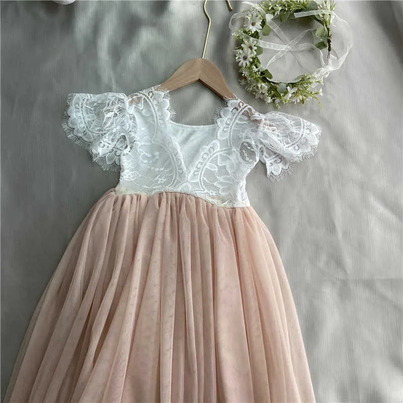 Tonårsflickor Eyelas Lace Bröllopsklänning för barn Elegant Champagne Färg Lång Tulle Bride Kostym 210529