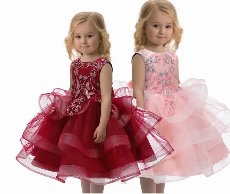 Broderade tutu klänningar lager fluffig gasbind ärmlös prinsessa för flicka baby kläder 3-8y e8755 210610