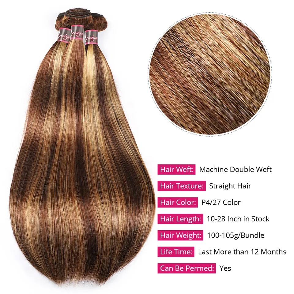 Brazilian Human Hair Weaves Highlight Straight 3 Bundles P4 27 Honey Blonde Brown 100g pc1985