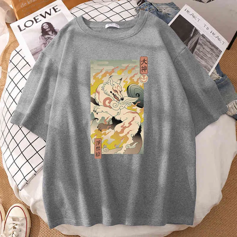 Japanese Fire Fox Printing Tshirts Mens Short Sleeve Summer Man T Shirts Anime Pattern Hip Hop T Shirt Funny Casual T-Shirts G0113