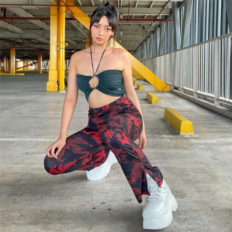 QuanRun Sexy Women High Waist Digital Print Split Straight Pants Casual Trousers Streetwear Spring Summer 210604