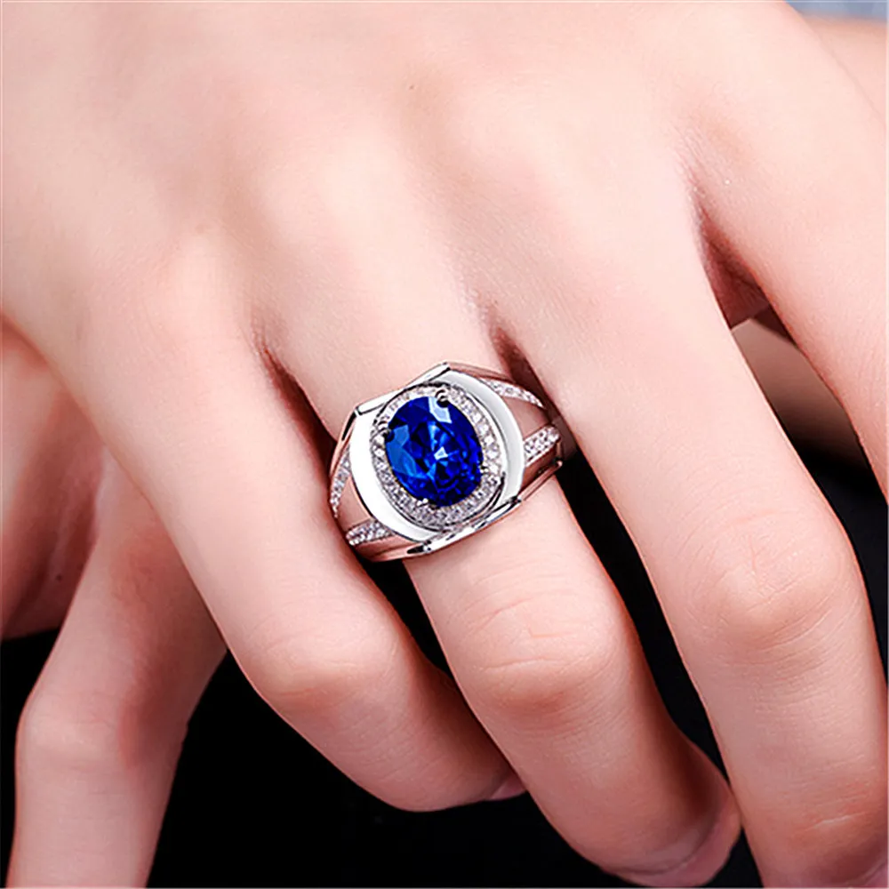 Sapphire Gemstones Blue Crystal Anéis para Homens Mulheres Zircon Diamantes Branco Ouro Prata Cor Argent Jóias Bijoux Band Presentes