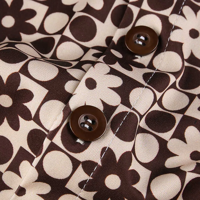 DUENA Uzun Kollu Kahverengi Üst Y2K Vintage Estetiği Çiçek Baskı Streetwear Düğme Yukarı Kırpma Üst Yaka T Gömlek Kadın 2021 Y0621