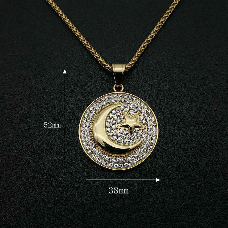 Хип -хоп хип -хоп ювелирные изделия титановые стальные золото, покрытые мусульманской звездой, луна, флаг. Подвесное ожерелье 2870518