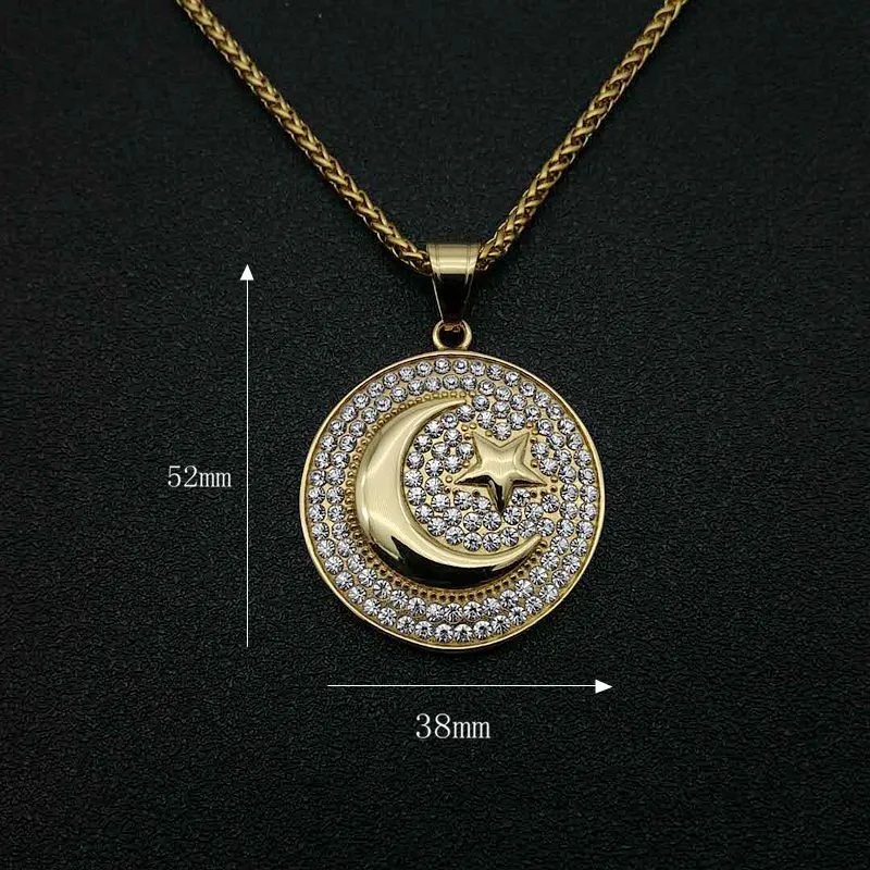 Hip Hop HipHop Schmuck Titanium Stahl Gold plattiert muslimische Sternmondkriegsflagge Anhänger Halskette5244534