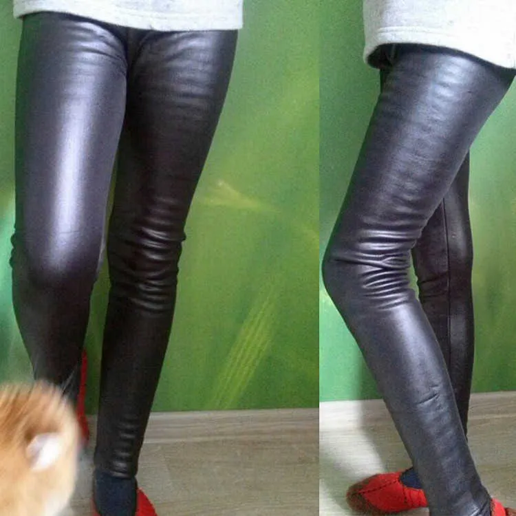 Children's Grube PU Spodnie Elastyczne Talia Ciepłe Leather Legginsy Rajstopy dla dziewczyn Spodnie zimowe ubrania dla dzieci 210625