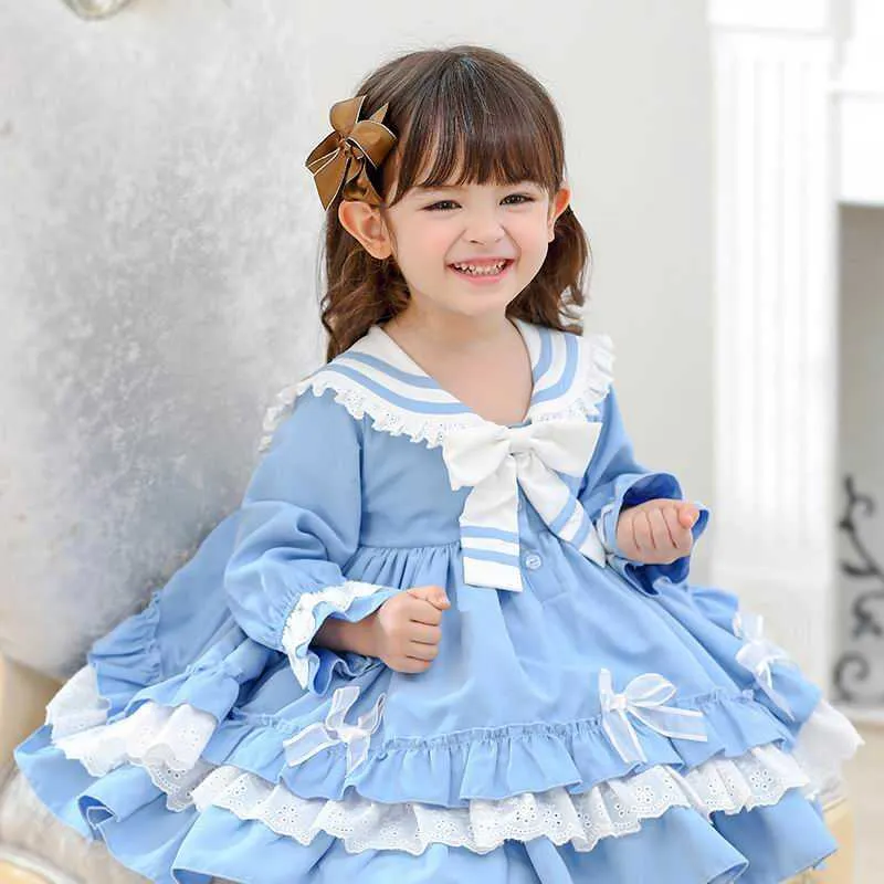 Bebek Kız Parti Elbiseler Çocuklar Lolita Büyük Yay Uzun Kollu Prenses Giysileri için E20011 210610