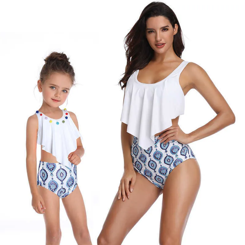 Moda Baskı Anne Kızı Eşleşen Mayo Tropikal Kızlar Tatil Giysileri Anne ve Plaj Kıyafeti 210529