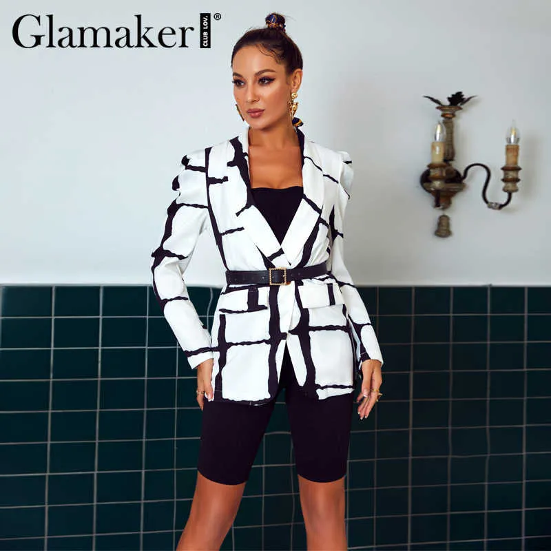 Glamaker Plaid tiefer V-Ausschnitt sexy Blazer Frauen Herbst Langarm weiß Büro Damen Mantel Elagent Mode Jacke 211019