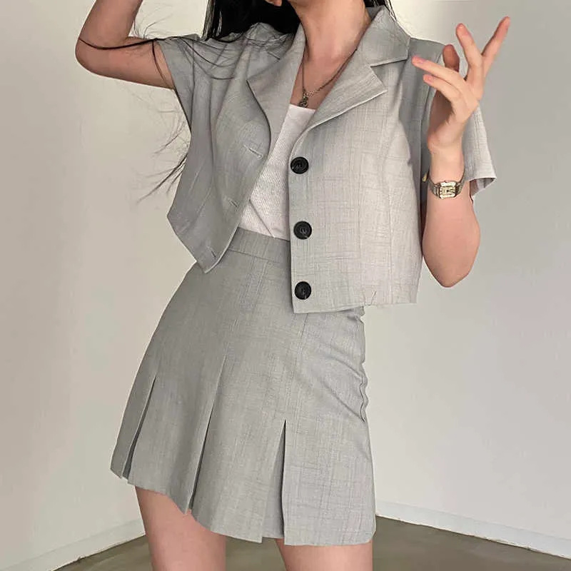 Korejpaa Frauen Sets Sommer Koreanische Chic Temperament Revers Drei Taste Kurzarm Anzug Hohe Taille Tasche Hüfte A-linie Rock 210526