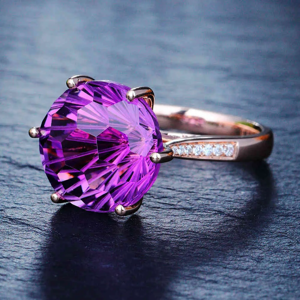 Amethyst-Stein-Kristall-Ring für Frauen, Verlobung, großer Edelstein-Schmuck, Braut, luxuriös, 18 Karat Roségold, Krappenbesatz, Diamant-Geschenk