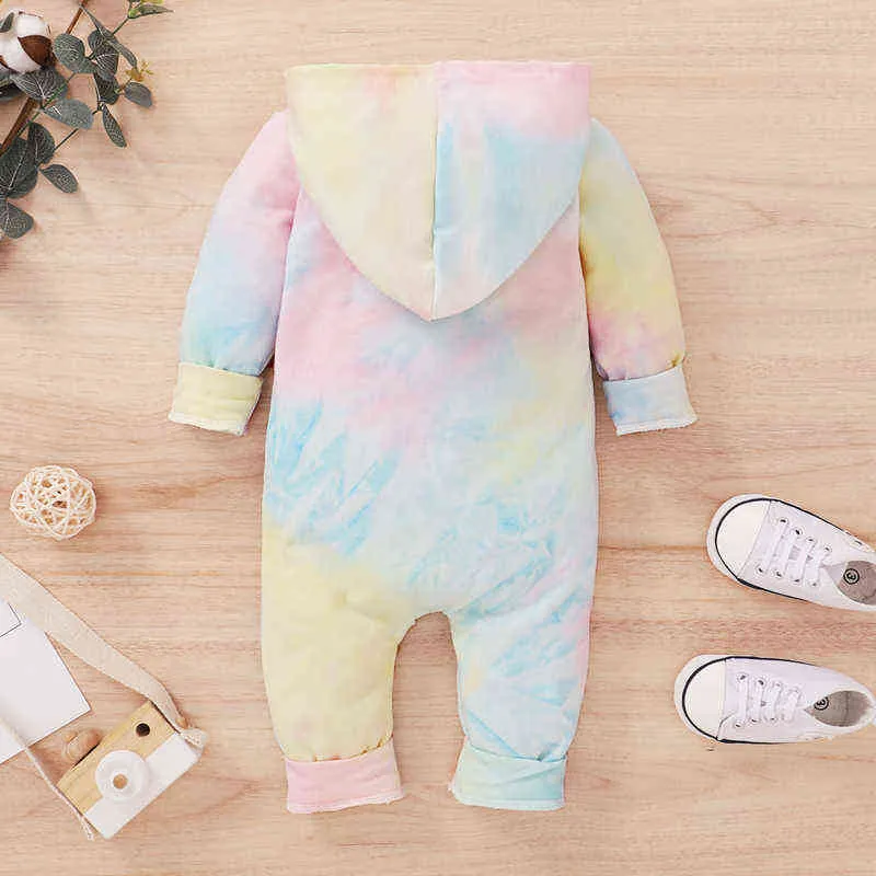 2020 0-18m Spädbarn Baby Boy Girl Tie-Dye Tryckt Romper Långärmad Zipper Hoodies Jumpsuit Höst Varm Romper Outfit G1221
