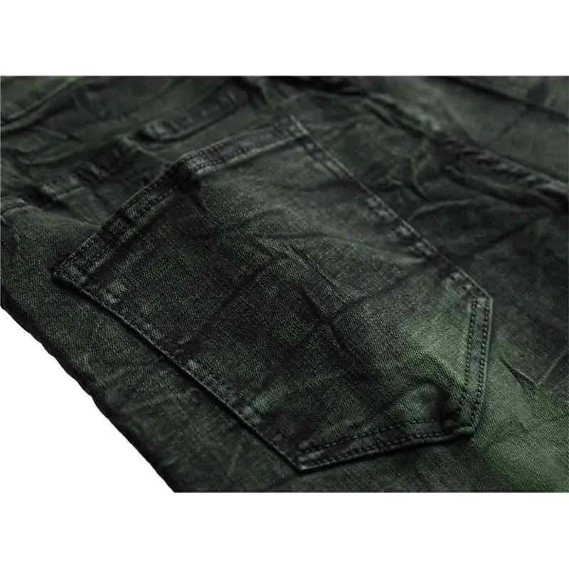Men's Green Hip Hop Biker Jeans Destroyed Fry Snowflakes Slim Fit Denim Pants Elastic Streetwear,6671
