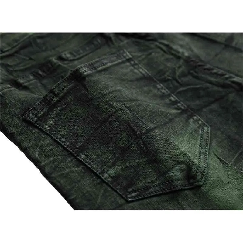 Men's Green Hip Hop Biker Jeans Vernietigd Fry Sneeuwvlokken Slim Fit Denim Broek Elastische Streetwear, 6671