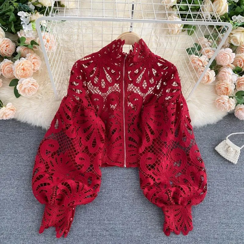 Sexy Lace Hollow Out Short Blouse Casual Lantern Long Sleeve Stand Collar Shirts Female Elegant Red/Pink/White Loose Tops 220315