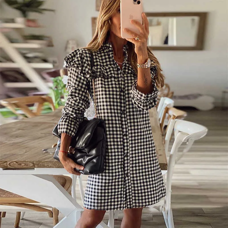 Kvinnor Vår Ruffle Houndstooth Office Dress Vintage Casual Plaid Midi Shirt Dress Ladies Höst Långärmad Chic Work Vestidos X0521