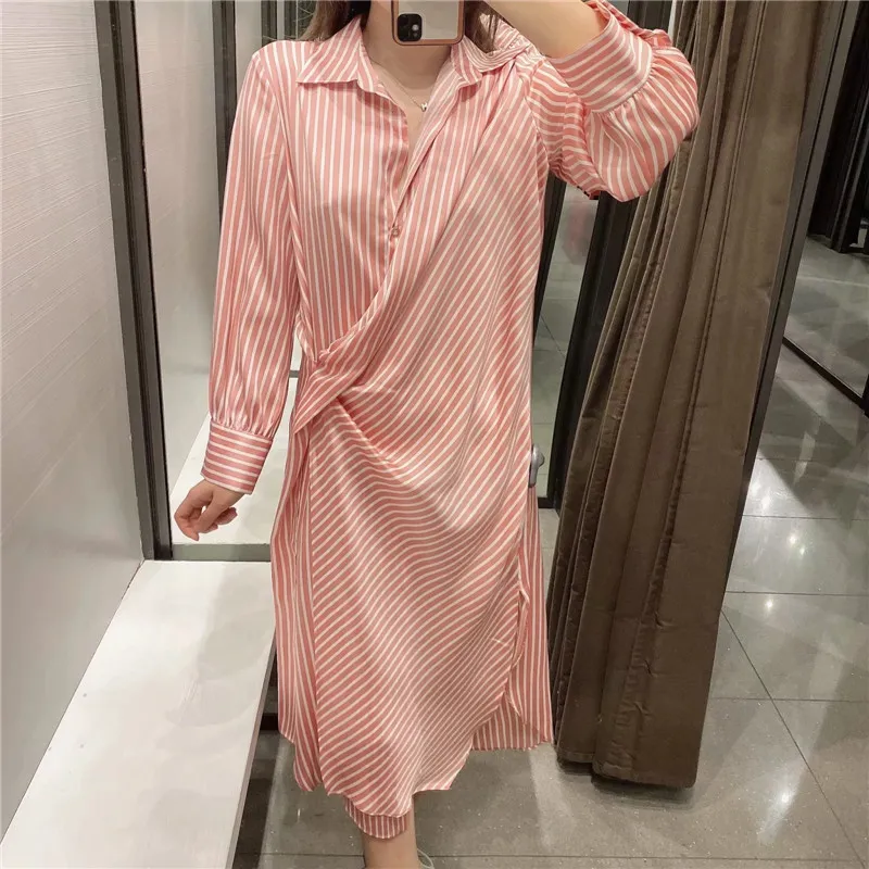 Pink Striped Shirt Dress Woman Spring Long Sleeve Wrap es Women Casual Hem Vents Button Up Midi 210519