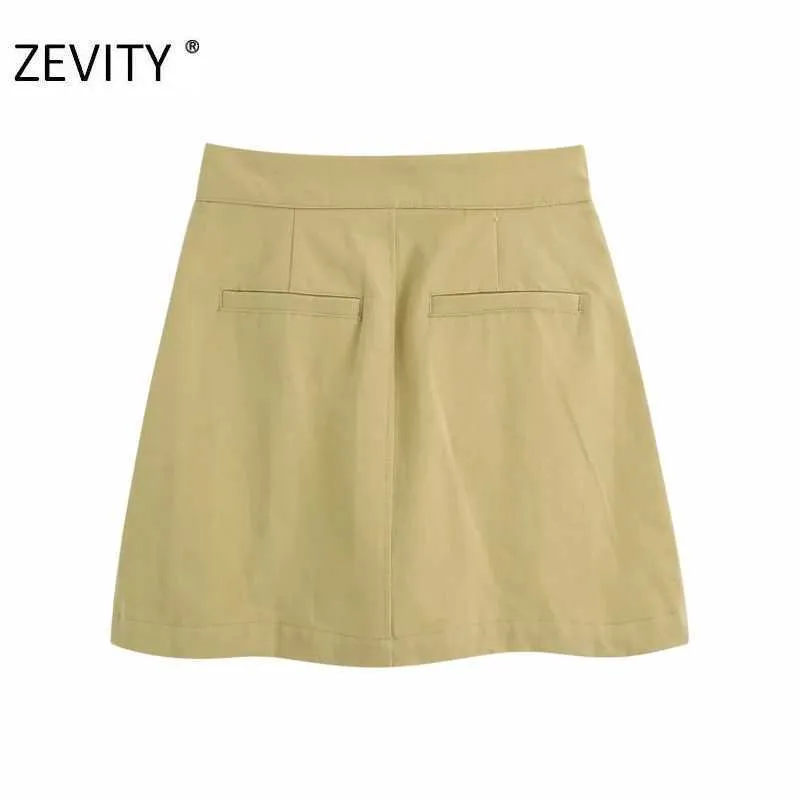 Zevity Womenファッションポケットパッチ固形カジュアルAラインスカートファルダスムザーレディースジッパーフライスリムヴェスディドスカートQUN691 210603