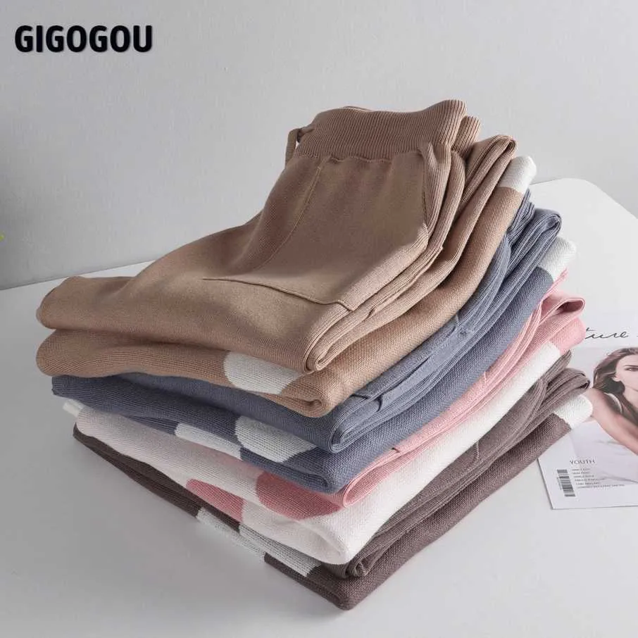 GIGOGOU printemps à pois imprimé 2 pièces ensemble femmes à manches courtes pull tricoté femme haut + pantalon costume été survêtements 210714