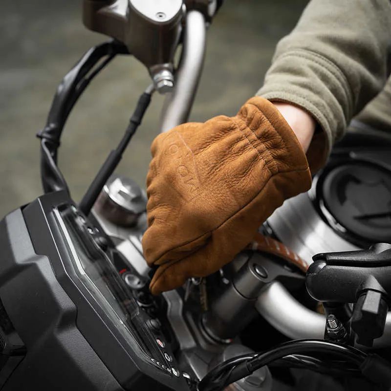 Mannen Frosted Lederen Handschoenen Mannen Motorfiets Rijden Volle Vinger Winter met Bont Vintage Bruin Cowhide NR65 211026