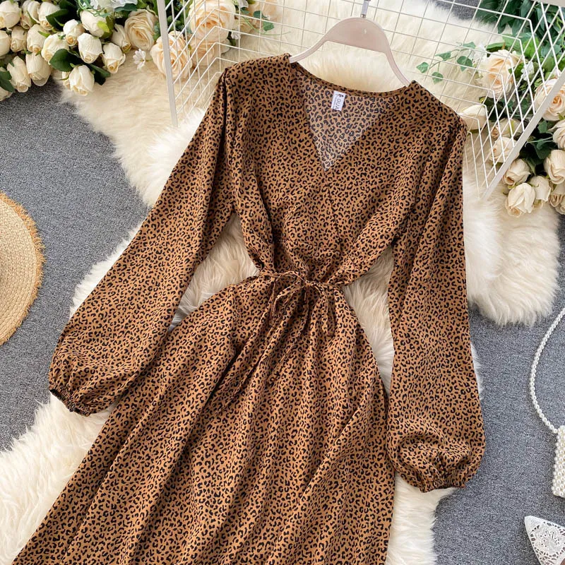 Herbst Lange Ärmel Kleid Frauen V-ausschnitt Leopard Blumendruck Kleider Koreanische Vintage Böhmischen Urlaub Lange Vestidos 210419