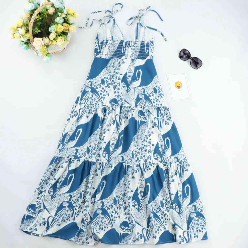 Sexy Adjust Spaghetti strap midi Dress Elegant Blue Animal Print Women Summer dress Casual Elastic Split vestidos 210520