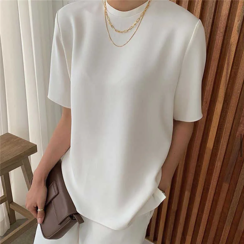 Korejpaa kobiety ustawione lato koreański elegancki francuski prosty okrągły szyja luźna koszula z krótkim rękawem wysokiej talii dorywczo spodnie o szerokim nogawce 210526