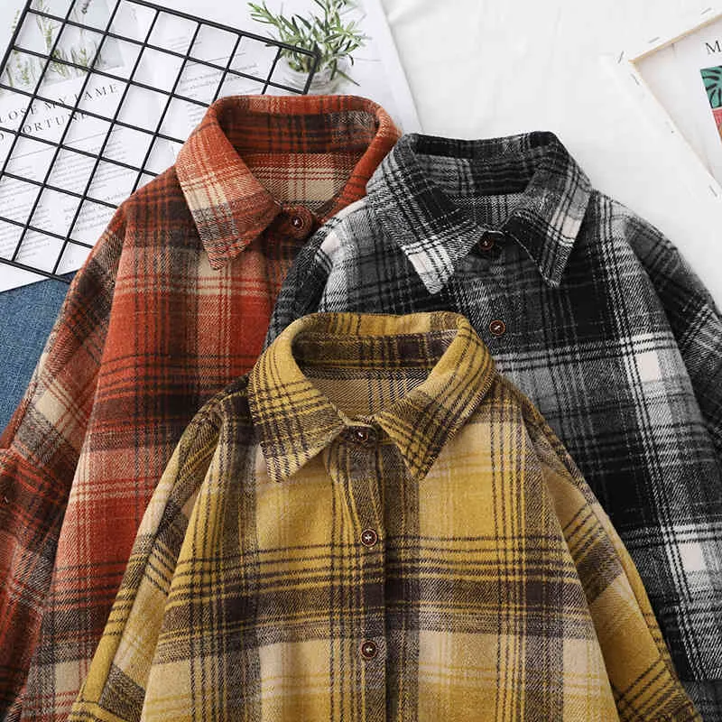 H.SA Women Oversized Linen Yellow Plaid Blouse and Shirts Long Sleeve Turn Down Collar Spirng Jacket Coat 210417