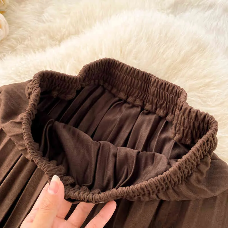 유럽 ​​아메리칸 스타일 레트로 가을 겨울 간단한 솔리드 컬러 탄성 허리 Mid-length Pleated Skirt GK104 210507