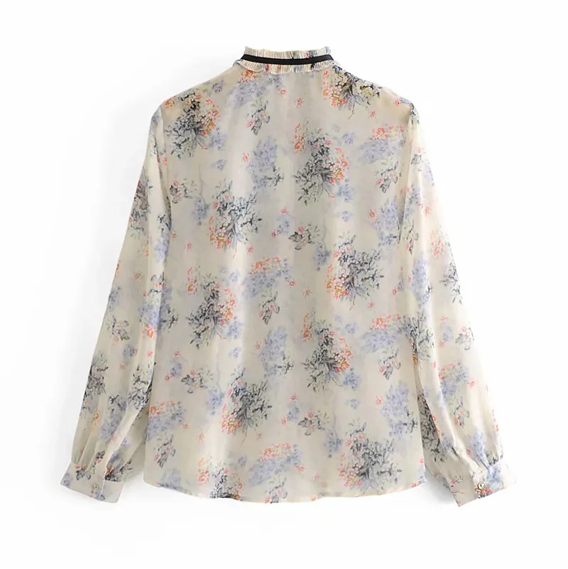 Beige Floral Print Chiffon Blouse Women Spring Cottagecore Ruffle Long Sleeve Top Woman Bow Tied Button Up Shirt 210519