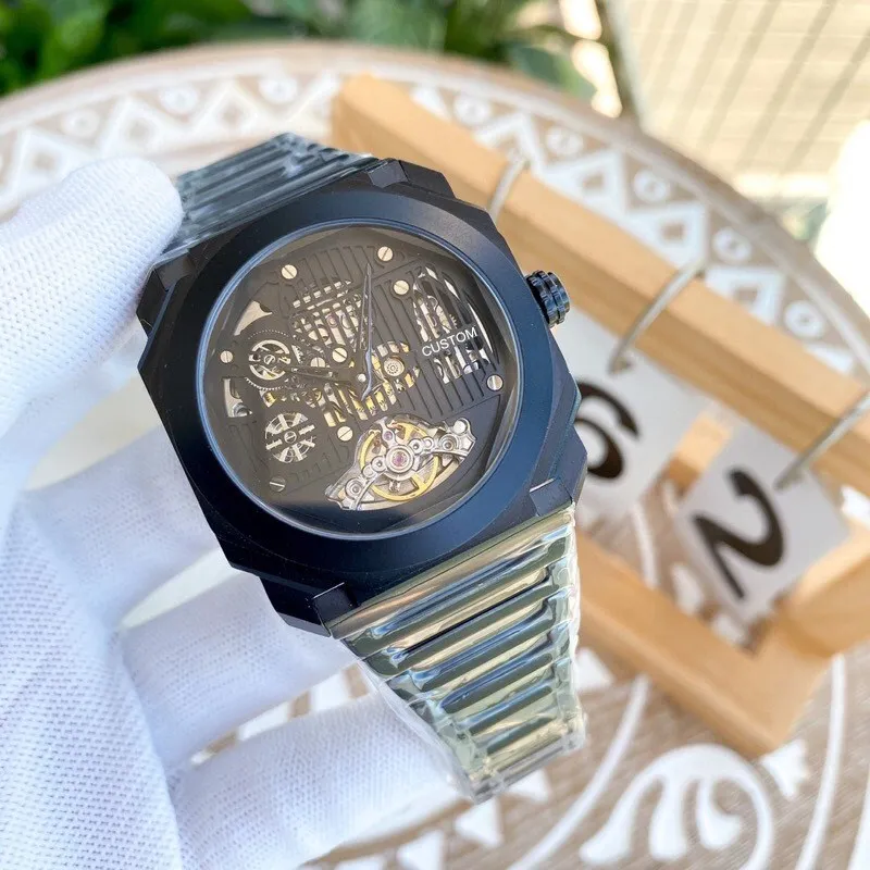 럭셔리 브랜드 남성 자동 정비 시계 시계 octo 기하학적 스테인레스 스틸 중공 플라이휠 팔찌 남성 시계 41mm